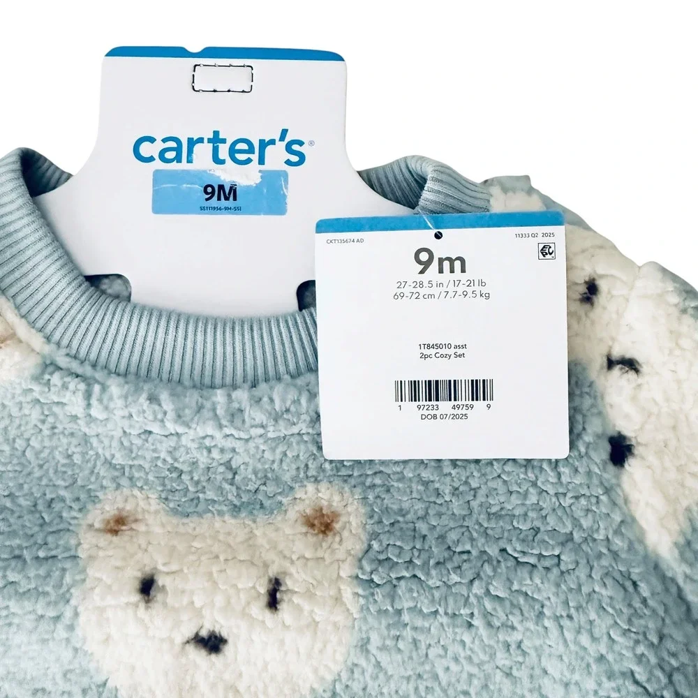 Carter's 2pc Cozy Set Kids 9M Blue New Sherpa Polar Bear Fleece Striped Pants